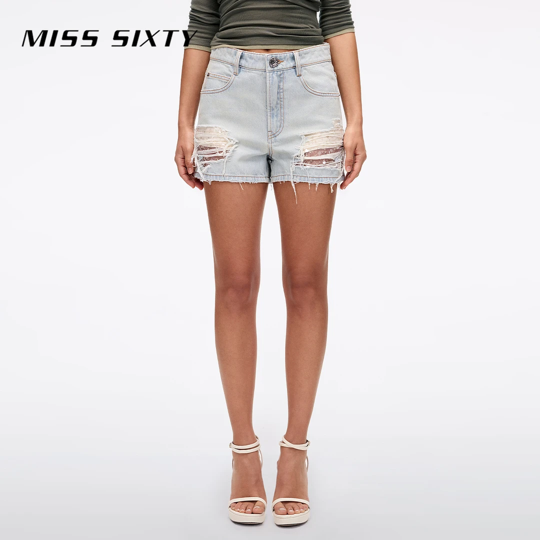 Miss Sixty2025夏季新款牛仔短裤女网纱拼接破洞毛须边百搭休闲