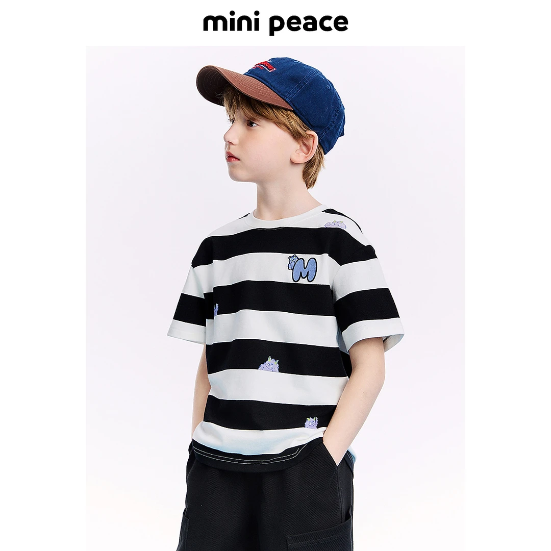 MINIPEACE太平鸟童装男童短袖T恤条纹儿童夏装男宝上衣宽松小怪兽