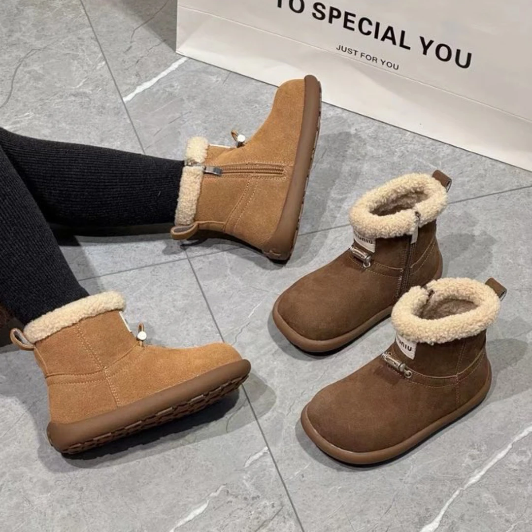 2025冬加绒韩版女童短靴真皮侧拉链