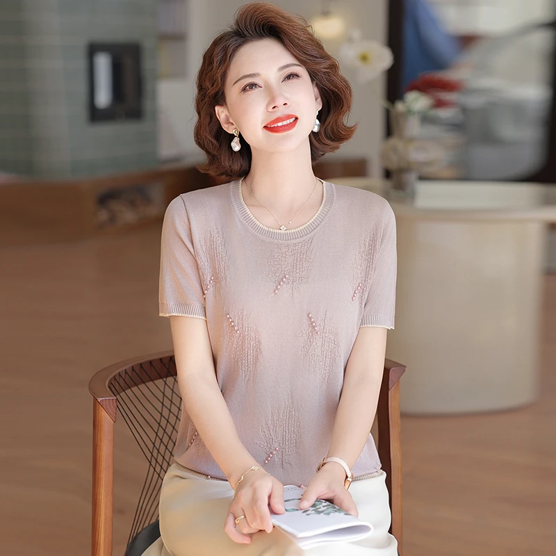 洋气短袖妈妈装夏季新款中老年女装针织小衫T恤圆领上衣薄款夏装