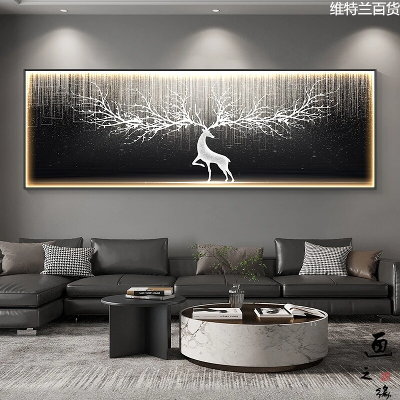 现代轻奢客厅装饰画卧室横版LED灯画发光沙发背景墙挂画一鹿壁画