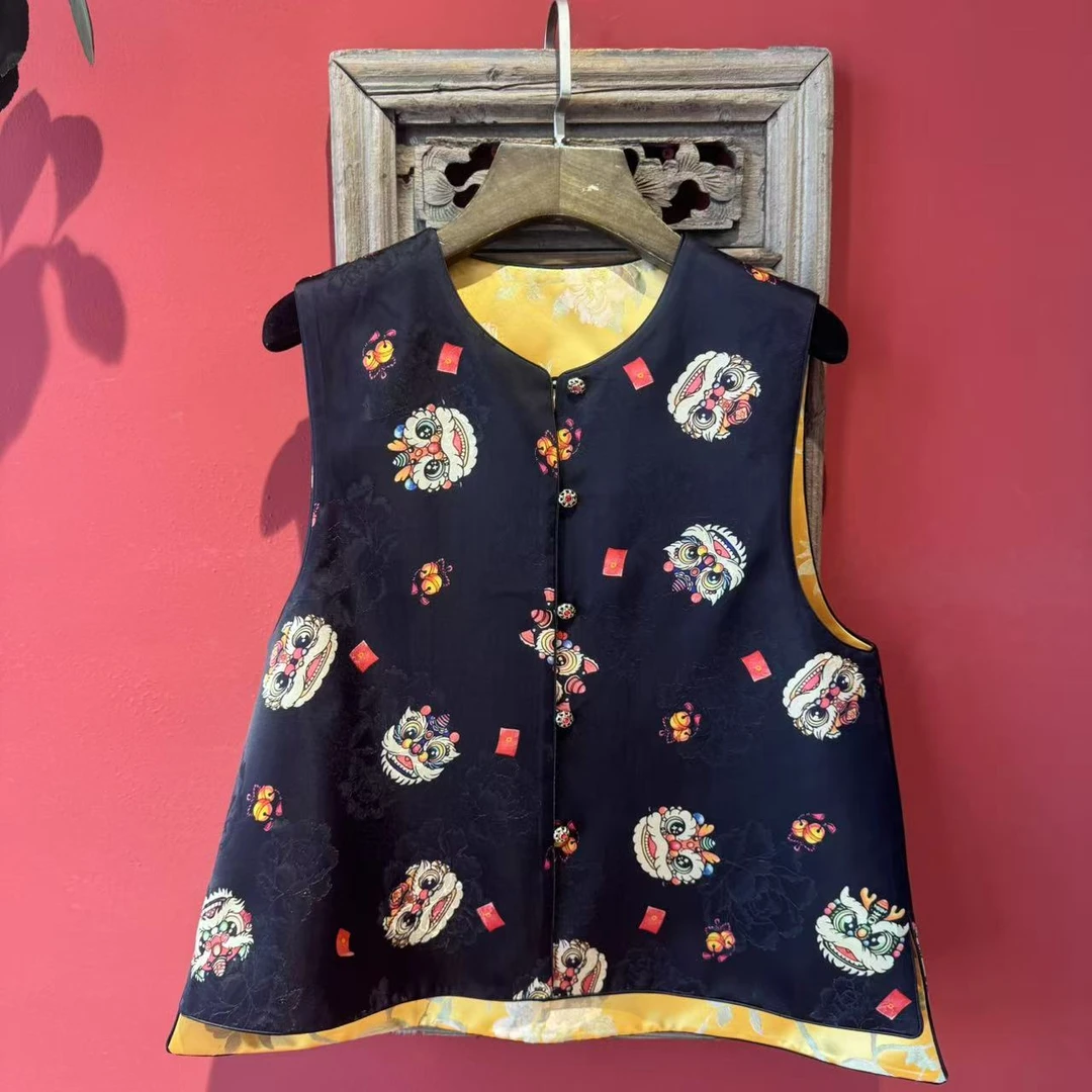 【花一朵】醒狮拜年香纱高定圆领 两穿马甲