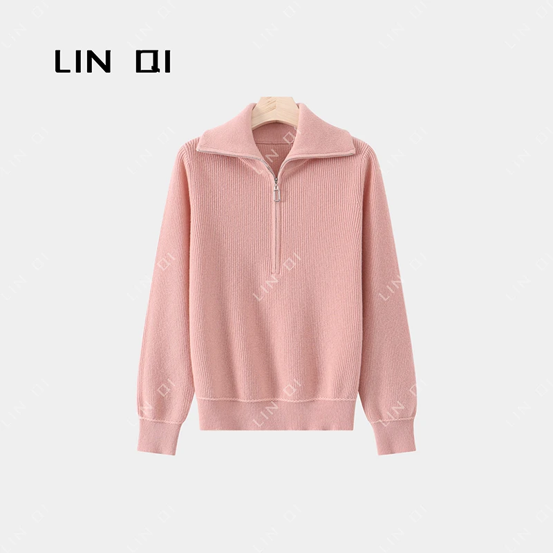 100%绵羊毛 春季半拉链翻领设计感毛衣纯色宽松套头针织衫女