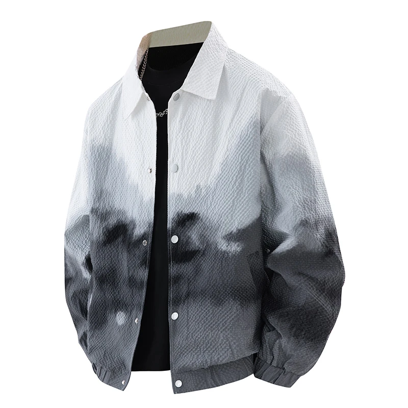 男士春秋季渐变韩版宽松大码休闲扎染宽松常规港风情侣水墨风夹克