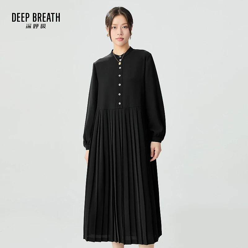 DEEP BREATH深呼吸新款时尚立领高腰宽松百褶中式风连衣裙A500407