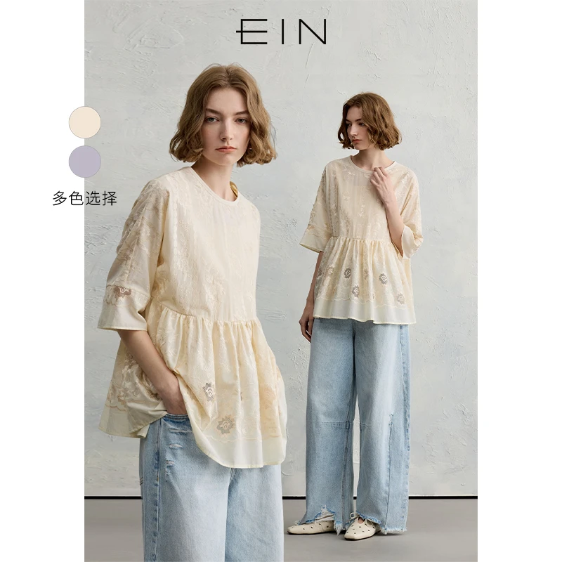 EIN/言蕾丝田园诗法式双边波浪绣花圆领连肩袖上衣2025春夏新款