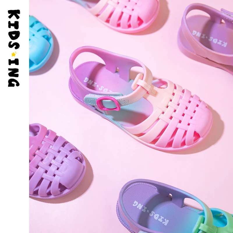 KIDS.ING可迪星女童凉鞋夏季中大童罗马彩虹包头防滑软底儿童凉鞋