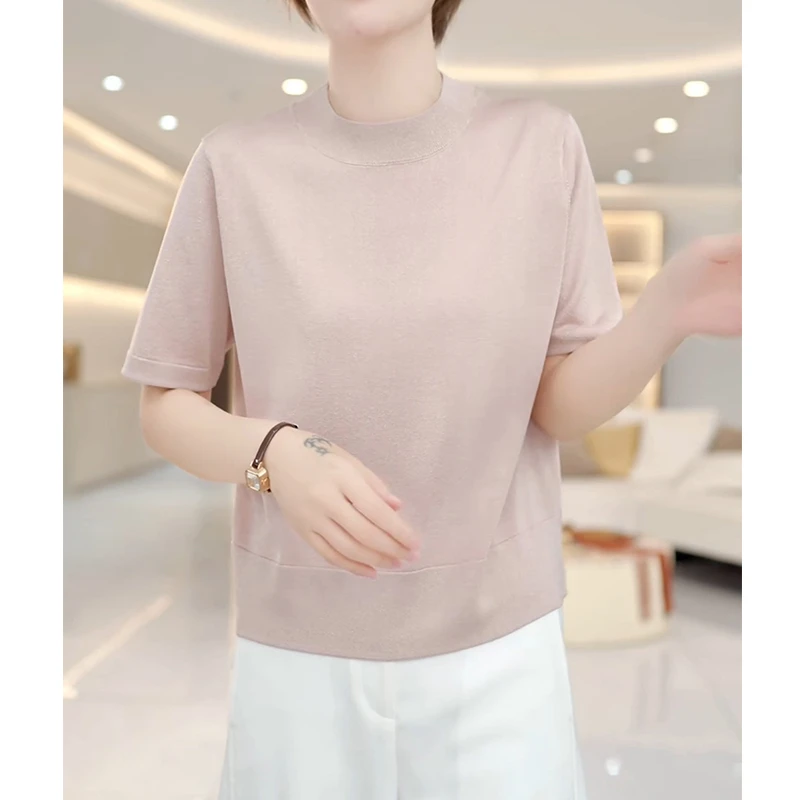 【啦啦精选】夏季简约针织衫女士圆领短袖T恤柔软光滑透气抗皱25003