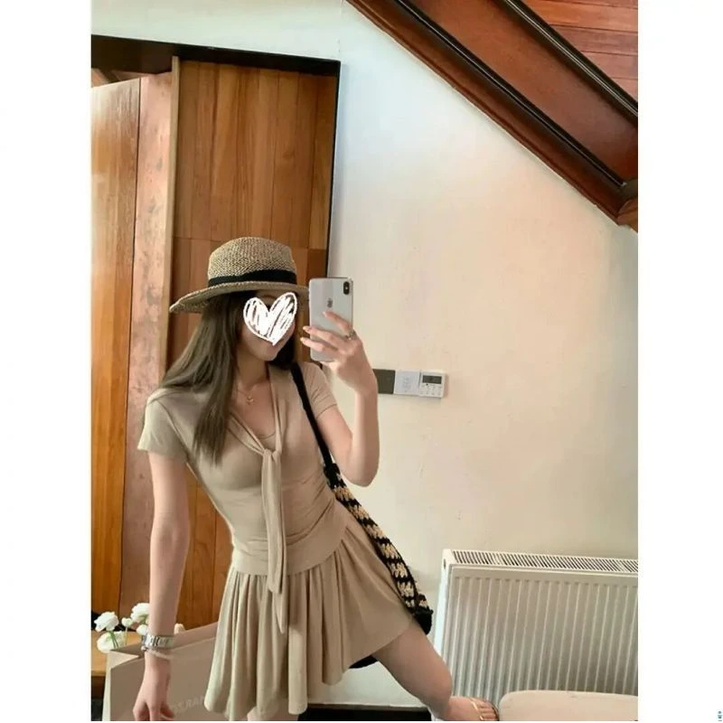 韩系ins穿搭软糯系带针织短袖T恤夏季气质减龄高腰百褶半身裙