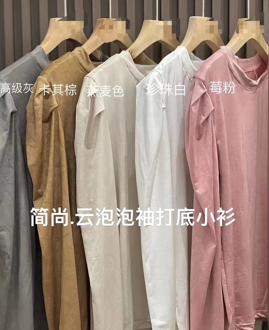 网红圆领泡泡袖T恤长袖简约时尚通勤常规款