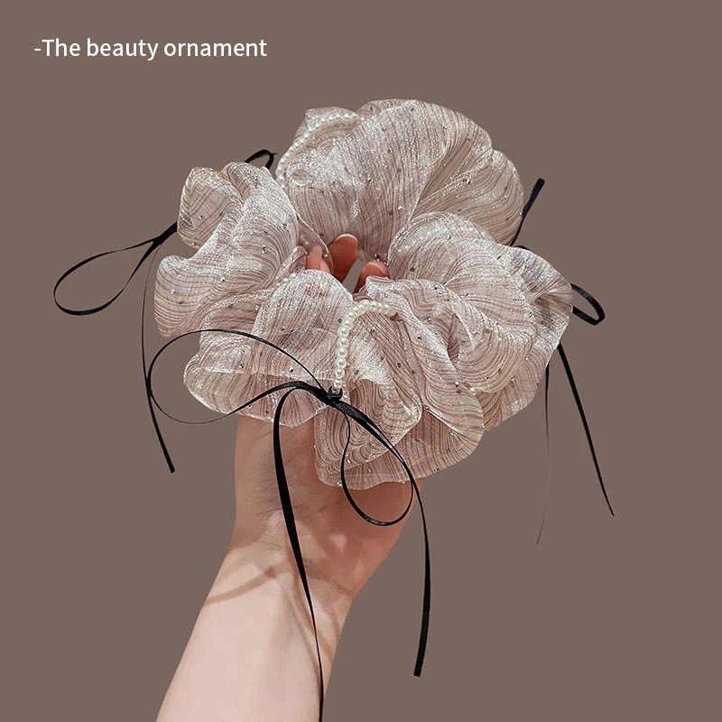 法式满天星网纱丝带蝴蝶结大肠发圈轻奢女高级感头绳扎丸子头发绳