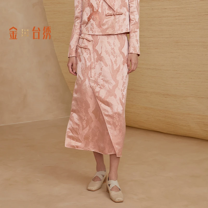 金台绣欧若风新中式提花半身裙亚麻桑蚕丝斜门襟长裙25春K37798