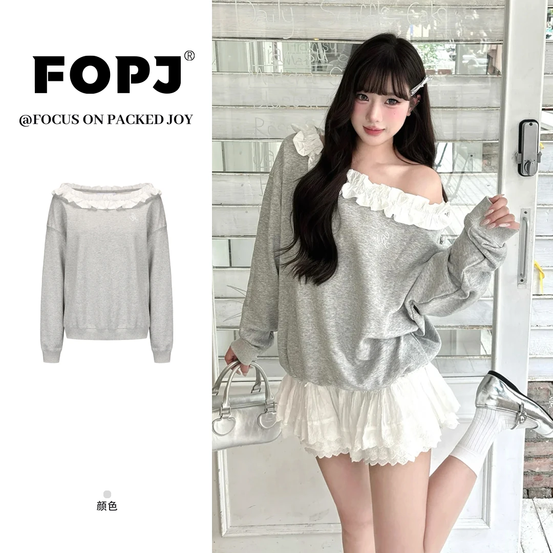 FOPJ刺绣款韩系小众高级感花边斜肩长袖卫衣女宽松百搭甜辣妹上衣