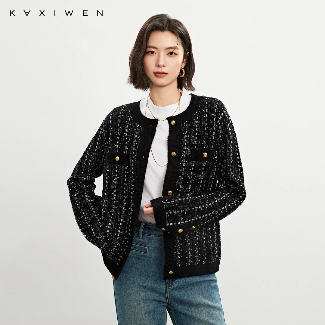 佧茜文气质款小香风亮丝开衫【春秋】优雅宽松针织外套女D12BZW5517