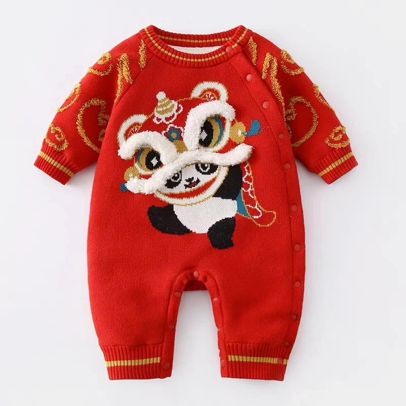 婴幼儿宝宝新年战袍红色拜年周岁百天宝宝周岁针织毛衣提花连体衣