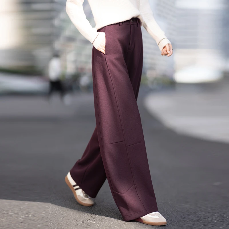 葡萄紫抓绒毛呢阔腿裤小众炸街高级感女装秋冬季休闲裤宽松弯刀裤