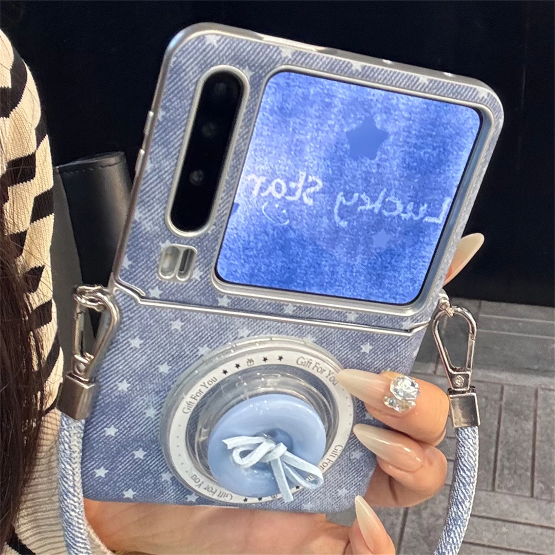 适用华为purax折叠屏手机壳牛仔纹星星pocket2蝴蝶结纽扣磁吸支架