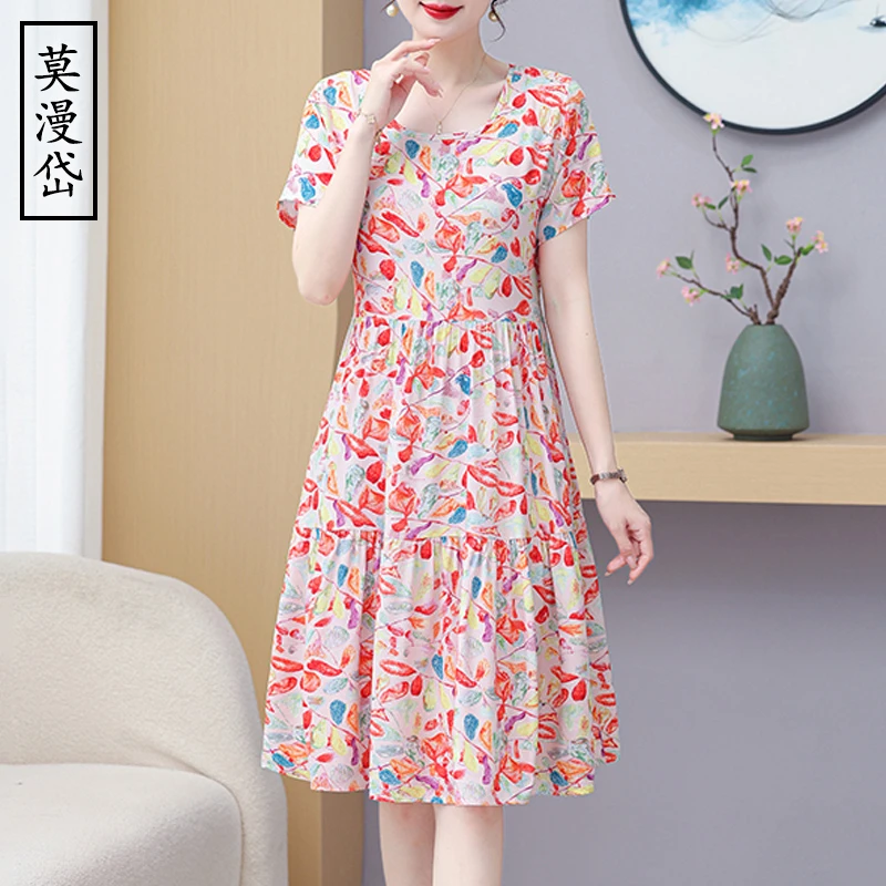 2025新款棉绸连衣裙外穿夏季小个子妈妈年轻版气质减龄小碎花裙子