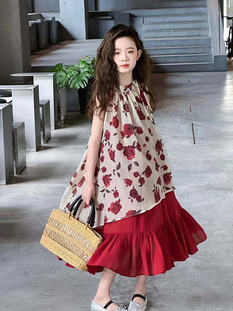 女童碎花裙夏季薄款2025时髦小女童背心裙儿童女宝宝露背公主裙子