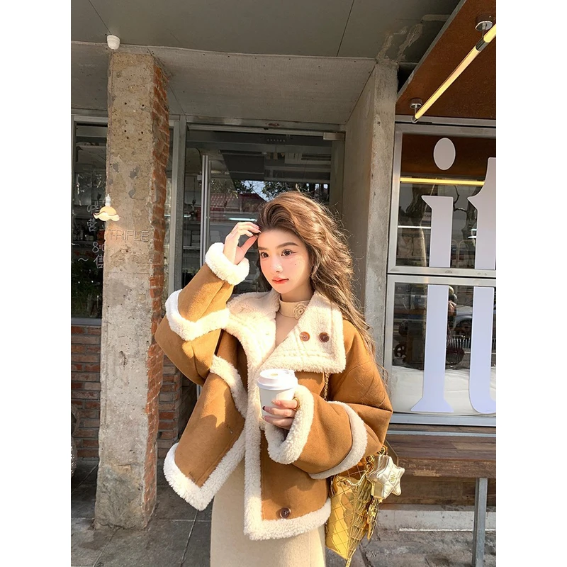 YEXIAOTING叶小婷 零下的冬意 复古棕色宽松羊羔毛外套保暖机车服