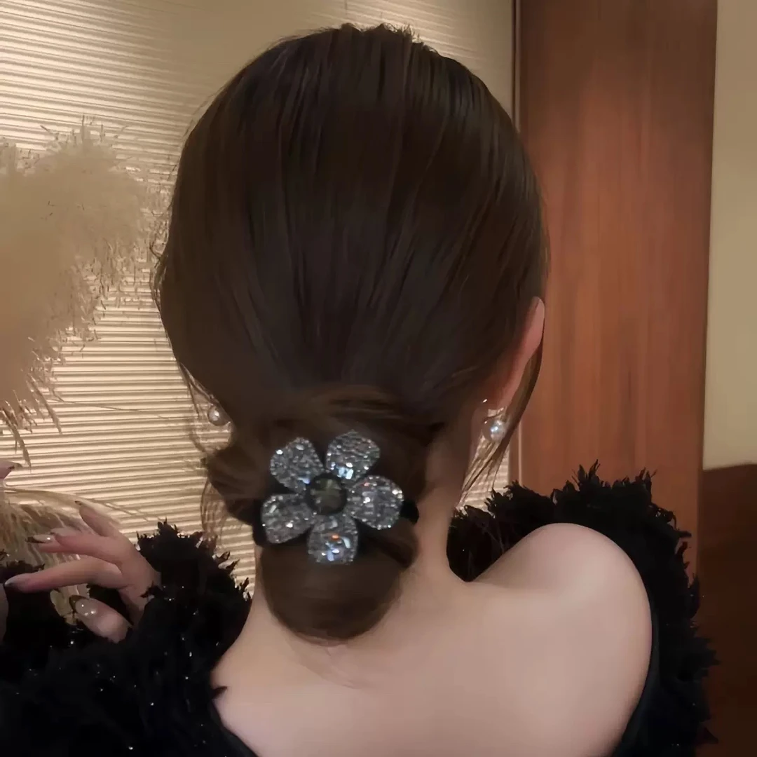 008韩版编发花朵发圈高级轻奢春夏闪钻头绳扎发马尾丸子头发饰