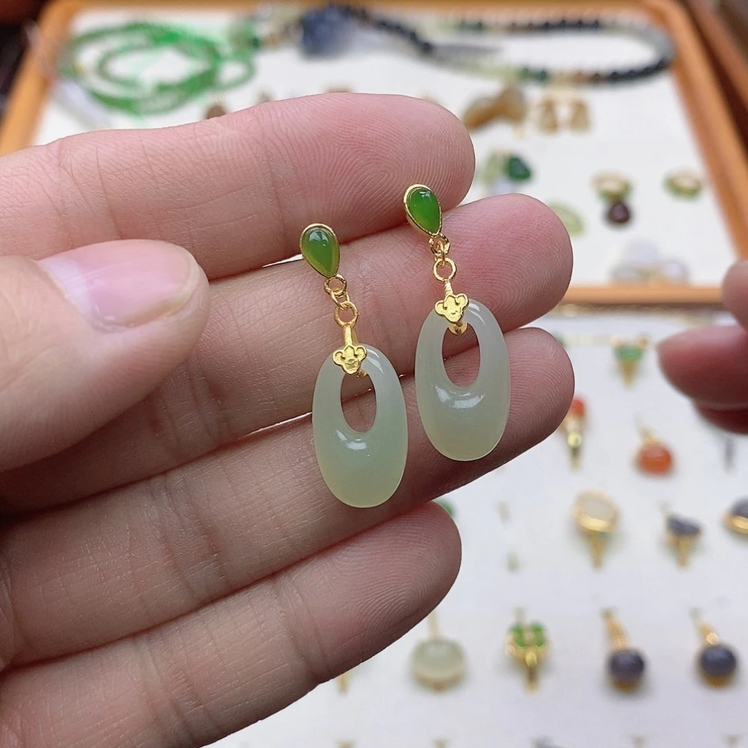 和田玉银S925镶嵌耳饰雯*