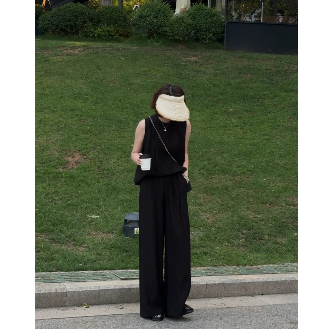 玳妮【茶系穿搭套装】夏季A字插肩无袖上衣＋松紧垂感阔腿裤两件套装