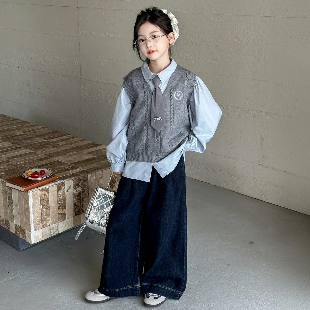 【嘻嘻柚】女童秋季中大童学院风马甲衬衫牛仔裤套装韩系氛围感甜美