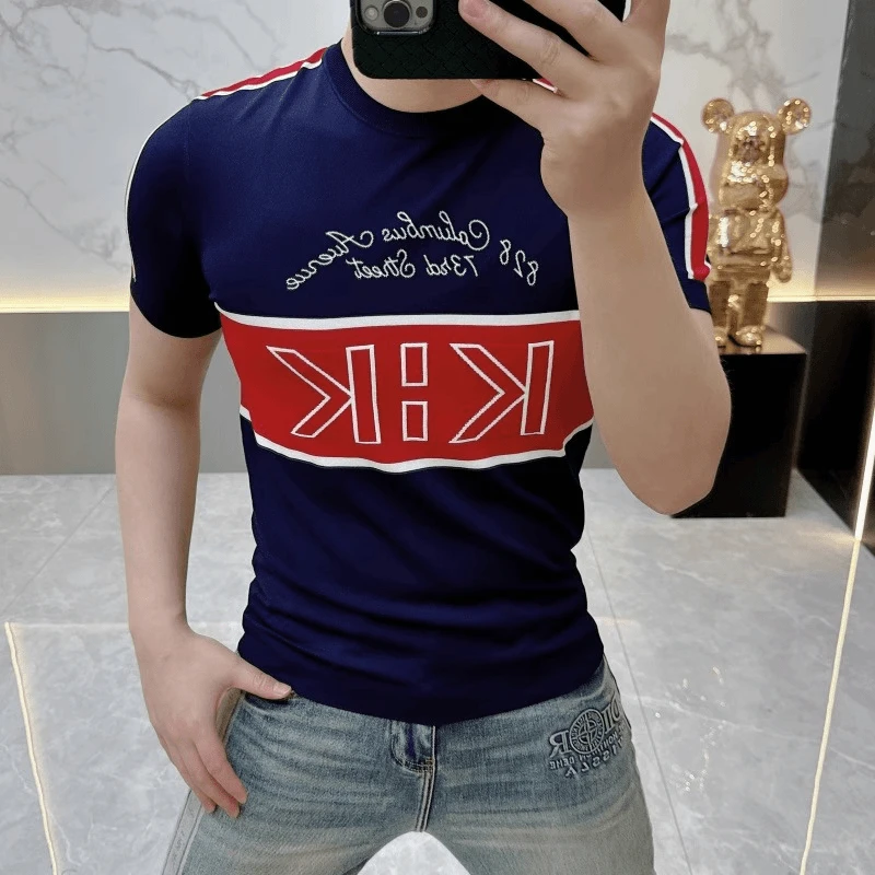 2025欧货高级感男装针织冰丝短袖T恤时尚百搭夏季半袖条纹上衣