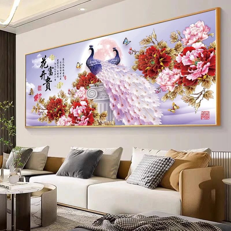花开富贵孔雀新款中式挂画国画牡丹花客厅装饰画沙发背景墙画防水
