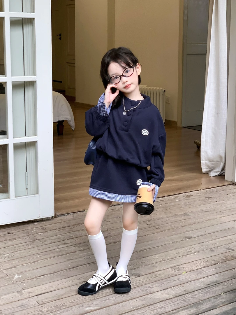 儿童韩版套装2025秋季新款童装中小女童立领卫衣半身裙两件套装
