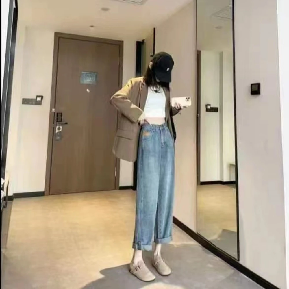 X8307【上新】经典高腰宽松直筒修身蓝色阔腿老爹裤