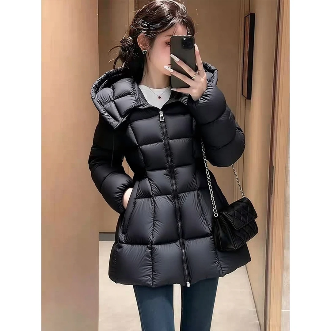 高级有质感黑色端庄修身时尚百搭方块棉服女冬新款收腰中长款外套