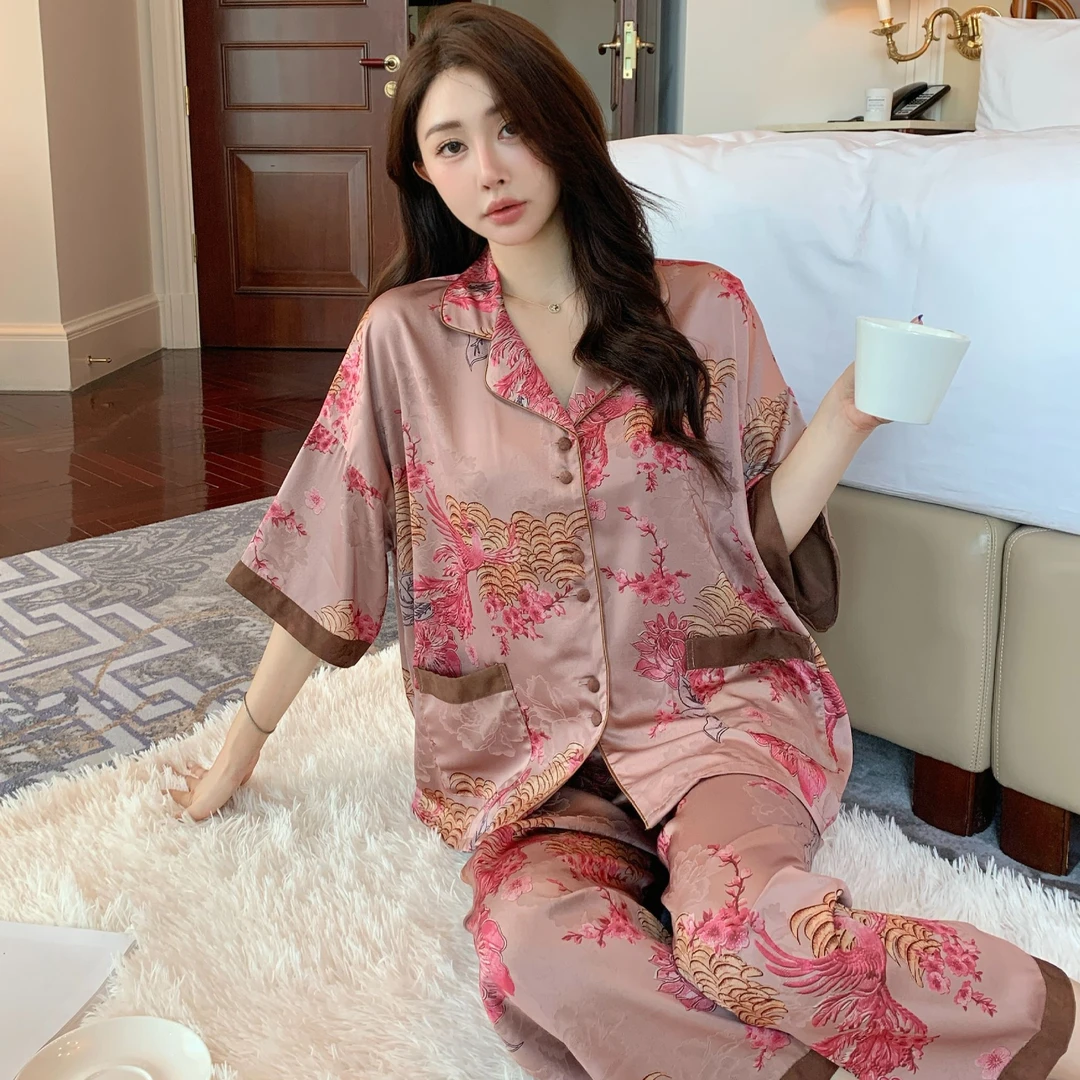 【步步生莲】2025年夏季舒适睡衣女士套装可外穿家居服七分袖三件套