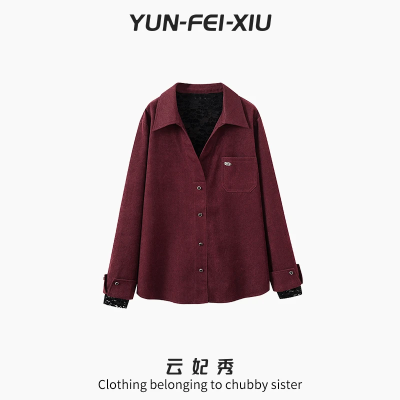 云妃秀大码女装衬衫时尚休闲胖妹妹显瘦宽松翻领上衣秋季22330