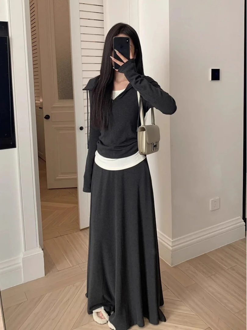 灰色连帽假两件套装长袖阔腿裤半裙慵懒休闲高级感2025新款秋季