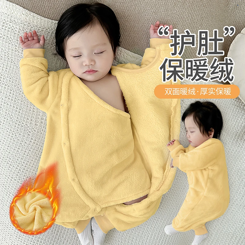 婴儿法兰绒连体衣服冬款加厚保暖内衣秋冬季小月龄宝宝珊瑚绒睡衣
