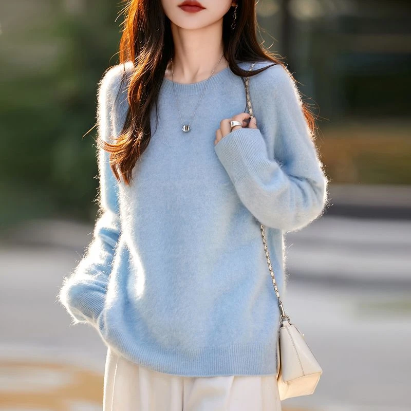 【薄款圆领】山羊绒+绵纯色拉绒圆领毛衣无缝宽松针织打底衫w