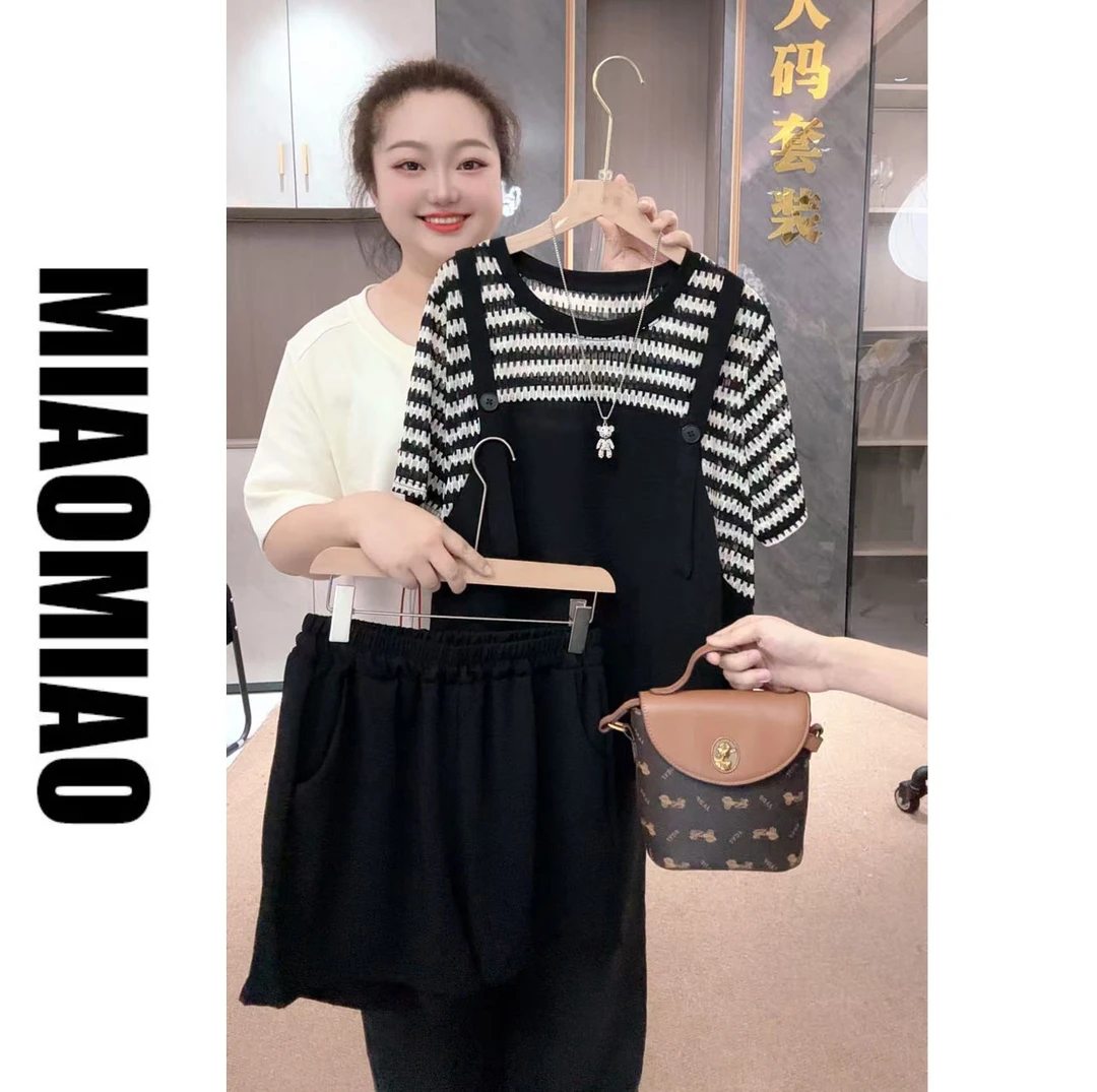 7047-M-大码女装两件套（假两件背带衫+短裤）100斤-210斤