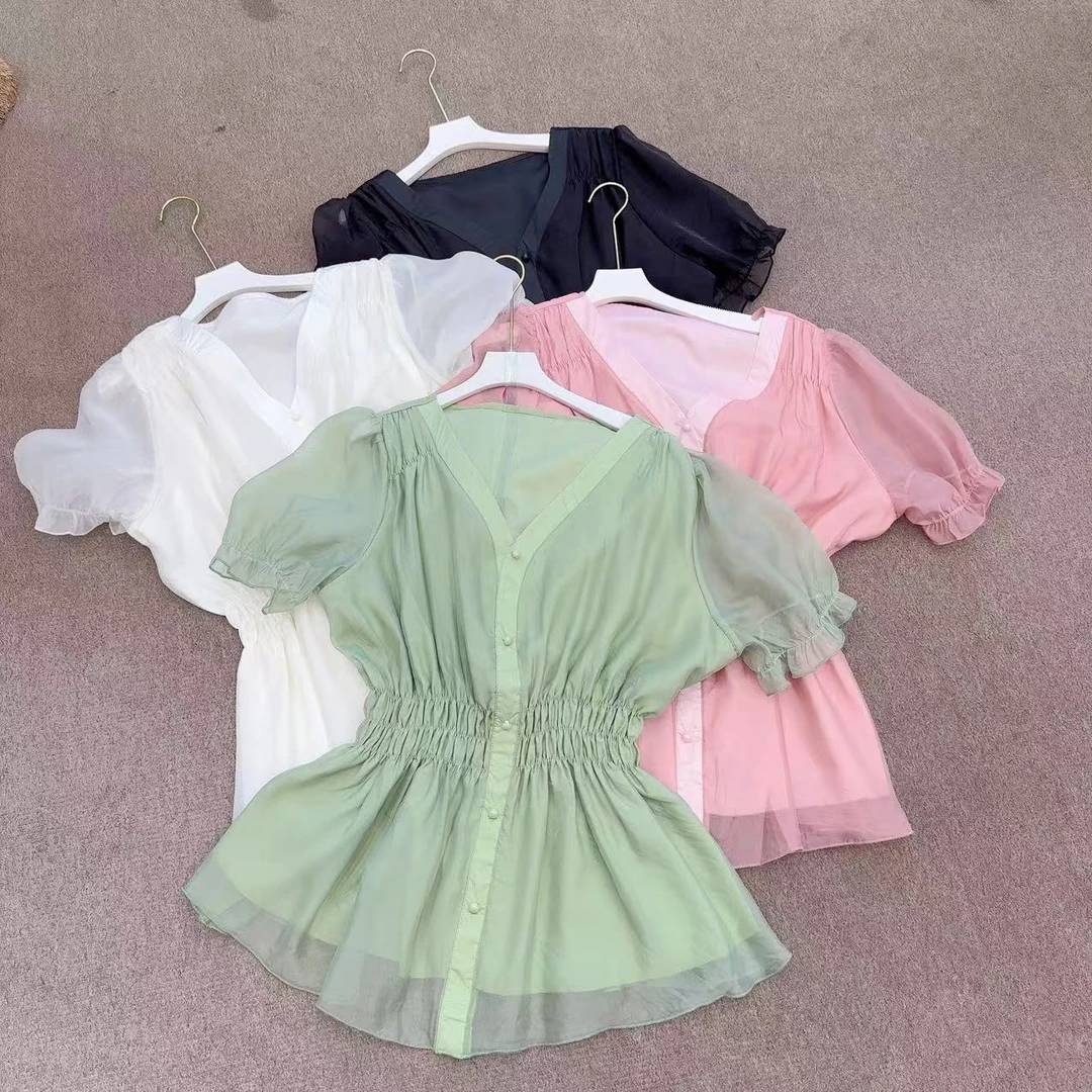 胖胖家*651新款收腰V领大版显瘦上衣