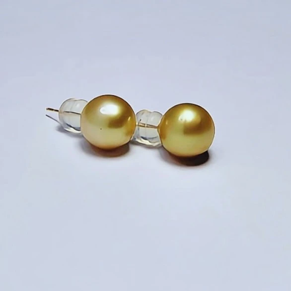 【图货对应】9-10mm18K金南洋金珠海水珍珠耳钉百搭简约金色黄金