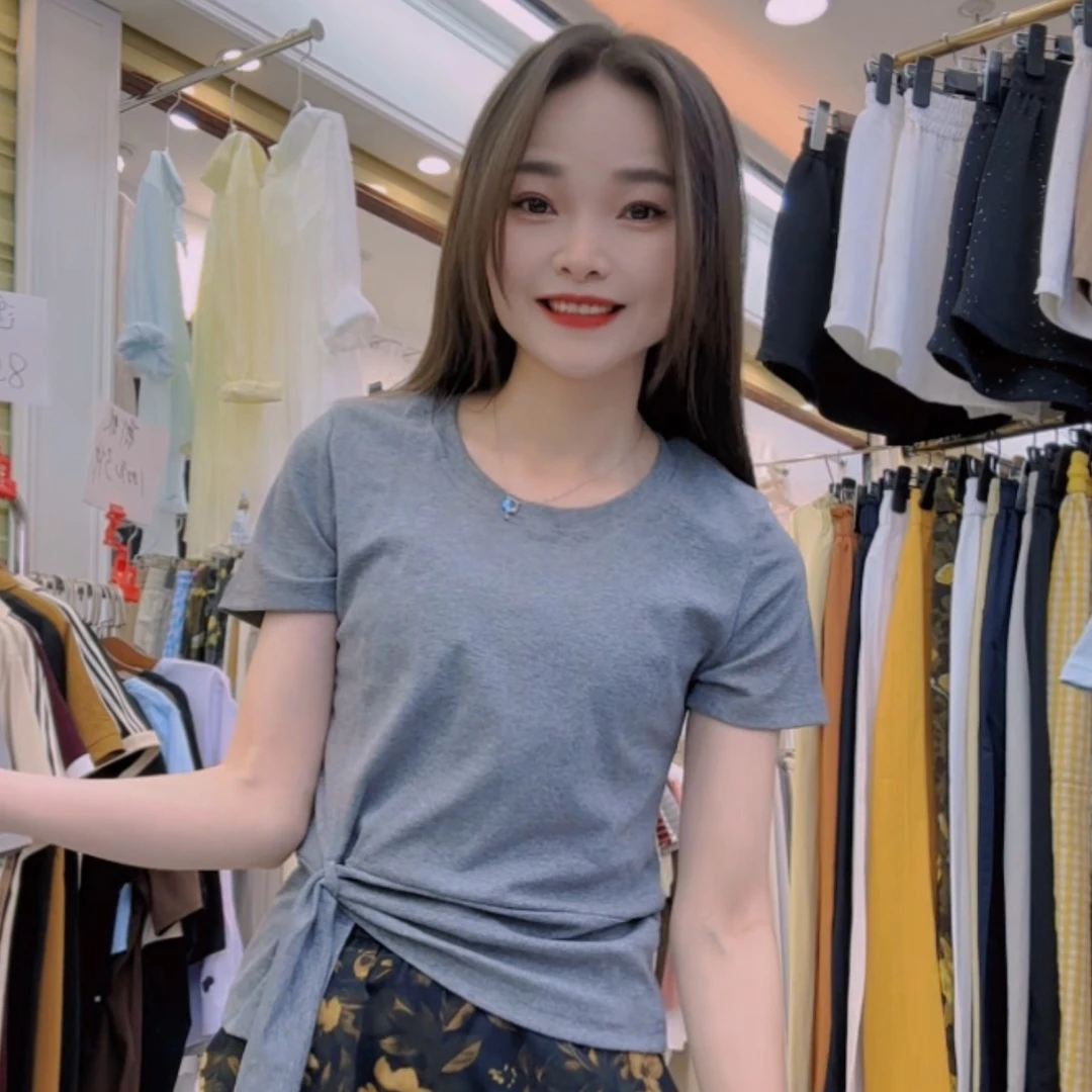 新款不规则上衣带短袖T恤百搭开叉显瘦修身