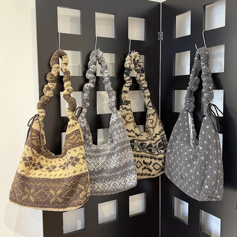 费尔岛风单根托特包可调节拉链斜挎包单肩潮流复古毛绒拉链款