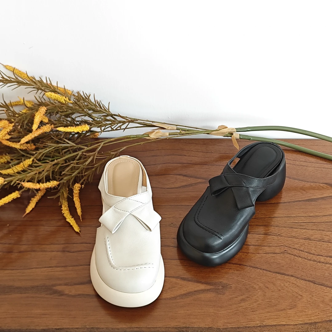 牛皮/6cm/时尚百搭夏季外穿包头拖鞋女软底春夏增高跟厚底粗跟