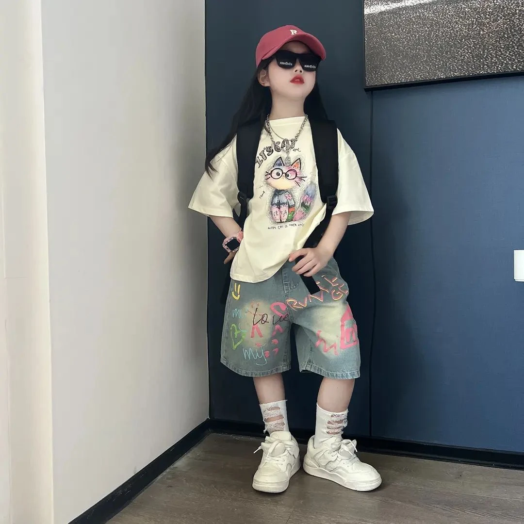 儿童夏季休闲潮酷个性牛仔中裤中大童时尚洋气百搭短裤短袖T恤潮