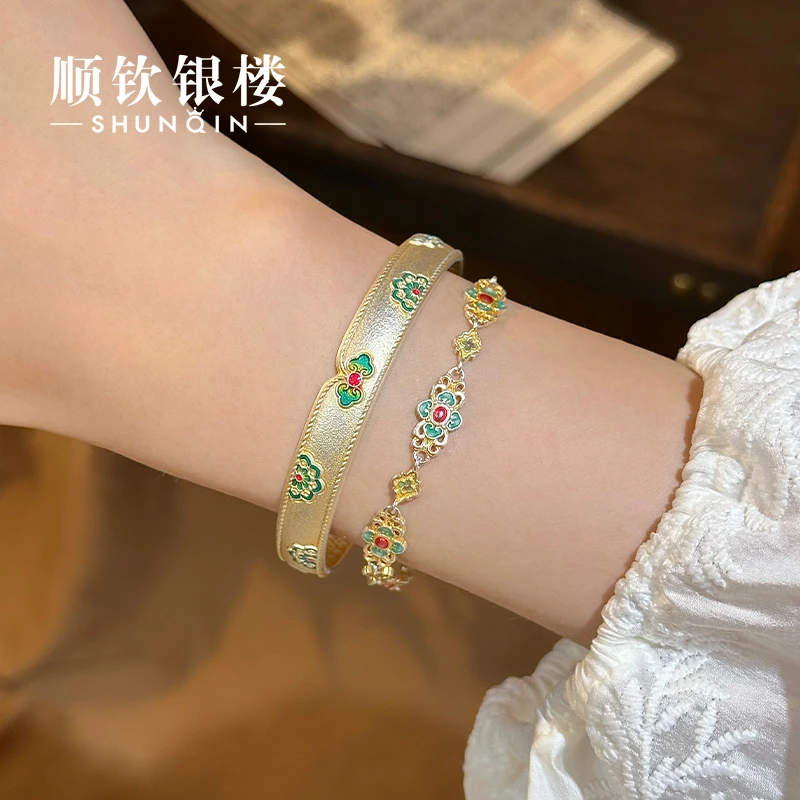 顺钦银楼 足银珐琅手链 【花想容手链】999.9百搭设计感气质手链