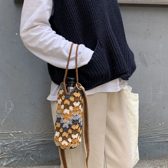 祖母格水壶包杯套材料包送视频钩针工具DIY9股棉麻线手工编织袋新