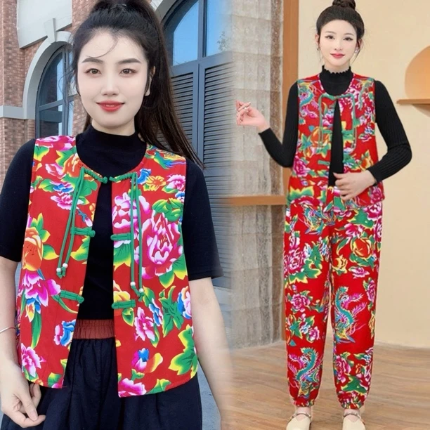 马甲民族风时尚复古中式春秋冬大花印花保暖马夹加绒坎肩网红