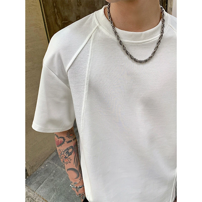 美式重磅拼接短袖男款夏季cleanfit正肩t恤高级感痞帅小领口上衣