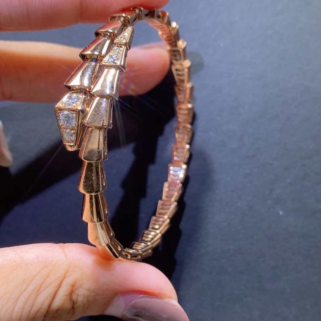 手镯钻石18K金镶嵌k玫头尾钻蛇手镯